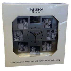 Photo Clock with Eight 2”X2” Photo Openings By Tabletop Memories Silver Aluminum